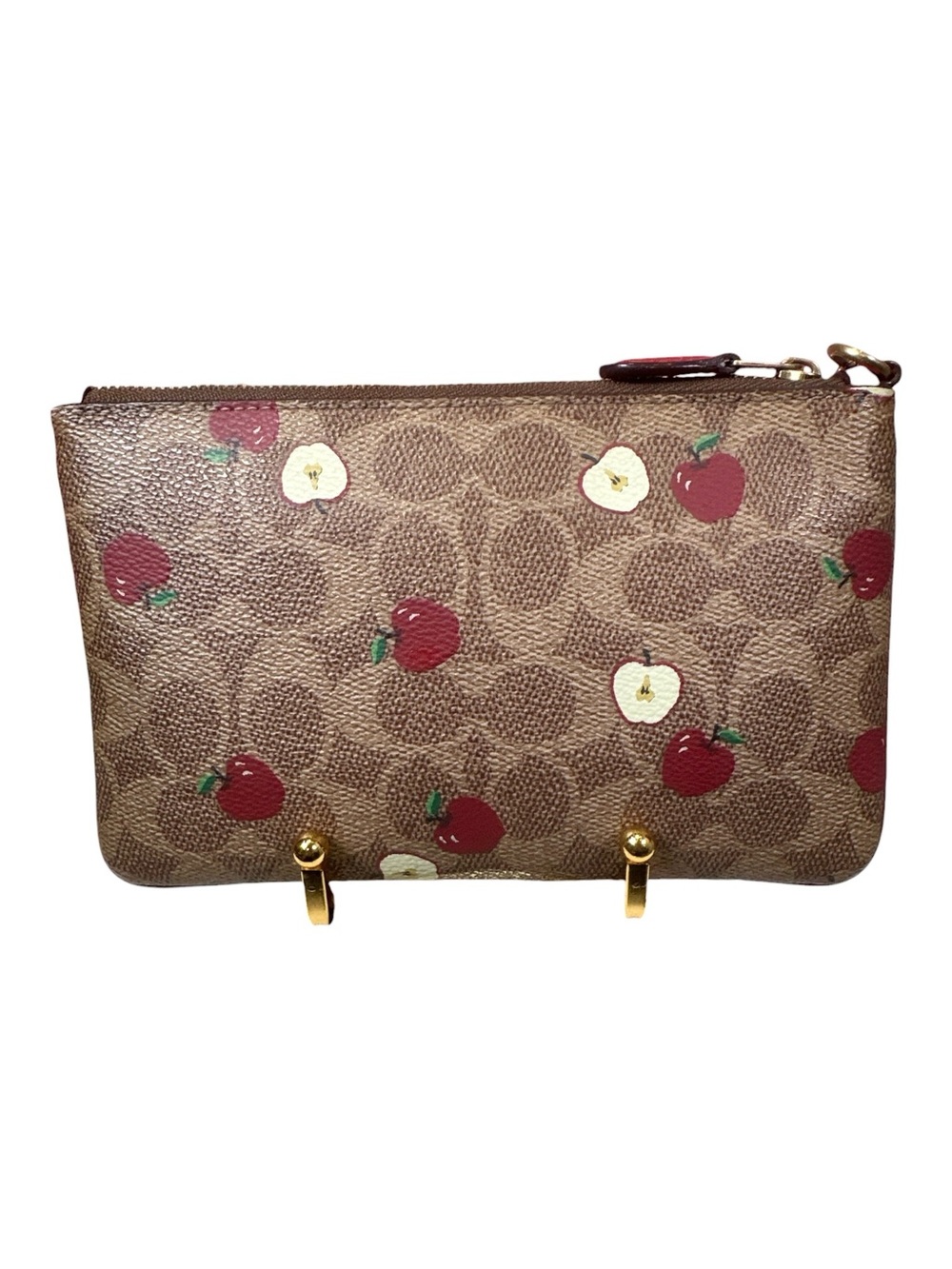 COACH Brown Signature Canvas Wristlet with Red & Cream Apple Print - Picture 3 of 11